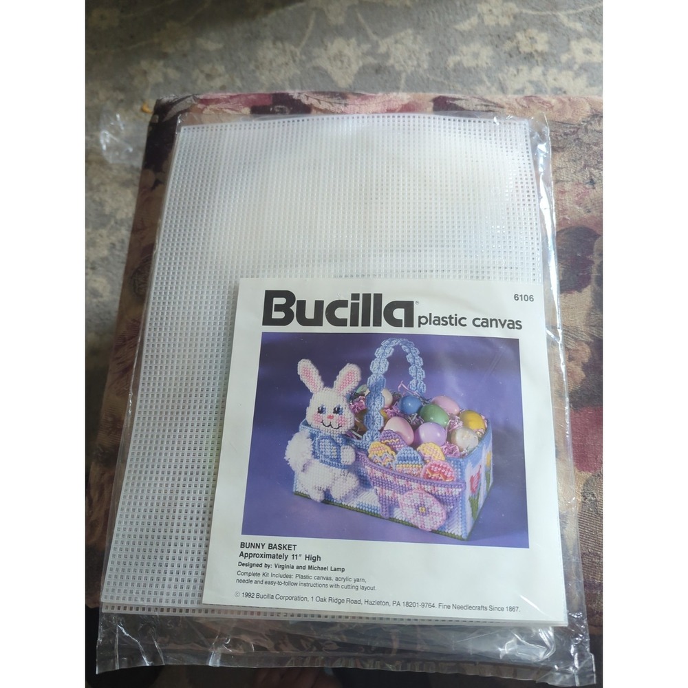 Vintage 1992 Bucilla Bunny Basket Treat Holder Plastic Canvas Easter Kit NOS